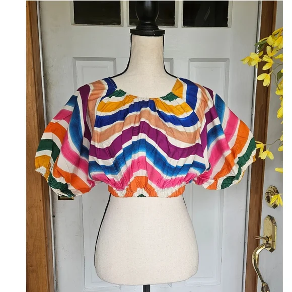 NWT FARM Rio 'Dancing Stripes' Puff Sleeve Crop Top, Size XS - Picture 3 of 16